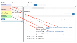 Image of Admin and Applicant portal views of cycle pagesets. Admin view shows one page of Intent to Apply in purple, two application pages in peach, one interim report page in yellow and one final report page in green. There are arrows from each pageset to an image of the applicant view of a cycle and how each pageset appears via text and links