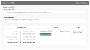 Grant Applications and Forms page showing Start Interim Report Button