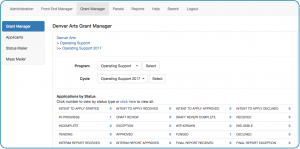 Image of Grant Manager Dashboard and Applications by Status table
