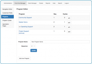 A screenshot of the Programs section of GO Smart. Lists the names of existing programs and a tool to add new programs. There are edit buttons for each existing program and new programs have a sequence drop down menu