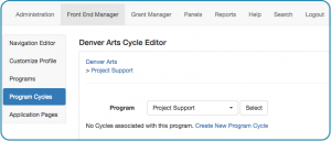 Image of Front End Manager tab Program Cycles sub tab with a program drop down menu and a link that says "Create New Program Cycle"