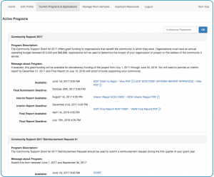 Image of the Applicant portal showing Current Programs & Applications tab to view programs and flexible pagesets as a program. View of an initial cycle called Community Support 2017 with an Intent to Apply, Application, Interim Report, and Final report and the ability to edit each along with the dates and deadlines for each. Followed by a flexible pageset titled Community Support 2017 Reimbursement Request #1 that appears in the same way and is associated with Community Support 2017 in name only