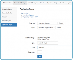 Image of the Front End Manager tab Application Pages sub tab showing the Intent to Apply Page type selected from the drop down menu followed by a title field, a sequence toggle and an add button