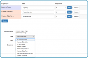 Image of Front End Manager tab Application Pages sub tab; Custom narrative is selected from the Type drop down menu