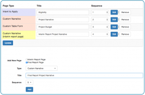 Image of Front End Manager tab Application Pages sub tab showing the Page Table followed by the Add New Page tool with the Final Report page box checked; Custom Narrative selected as the page type and Final Report Project Narrative typed in the Title field followed by the sequence toggle showing '5' and the add button