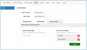 Image of Panel tab Assign Panelists sub tab showing the available panelists field and two selected panelists followed by red exes and a save button