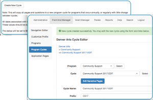 Image of Front End Manager tab Program Cycles sub tab with Create New Cycle button, overlayed by additional image of Front End Manager tab Program Cycles sub tab with Program and Cycle drop down menu, Edit Narrative Pages button, Cycle Name and Prefix fields