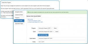 Image of Front End Manager Program Cycles Create New Program button and language overlayed by an additional image showing the page after clicking the button with the new Program and Cycle name