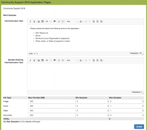 text fields that ask for information/instruction text and a box that allows for setting size and number parameters for each media type