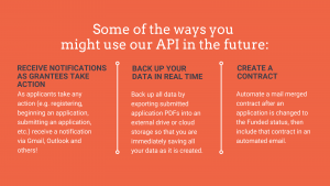 Some of the ways you might user our API in the future: Receive notifications as grantees take action; Backup your data in real time; Create a contract