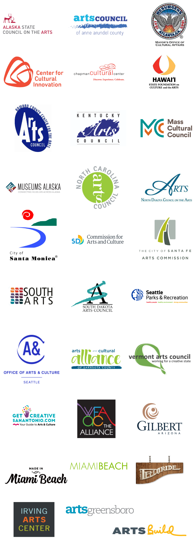 Logos for select GO Smart clients including: Alaska State Council on the Arts Arts Council of Anne Arundel County Arts Council New Orleans City of Atlanta - Mayor's Office of Cultural Affairs Center for Cultural Innovation Chapman Cultural Center El Paso Museums and Cultural Affairs Department Hawai'i State Foundation on Culture and the Arts Howard County Arts Council Massachusetts Cultural Council Museums Alaska North Carolina Arts Council North Dakota Council on the Arts County of Riverside Economic Development Agency San Diego Commission for Arts and Culture The City of Santa Fe Arts Commission City of Santa Monica Arts and Cultural Alliance of Sarasota County Office of Arts & Culture Seattle Seattle Parks & Recreation South Arts South Dakota Arts Council Vermont Arts Council Kentucky Arts council Denver Arts & Venues ArtsGreensboro ArtsBuild Wichita Falls Alliance San Antonio Department of Arts and Culture Miami Beach Miami Beach Film Gilbert Arizona Town of Telluride Irving Arts Center