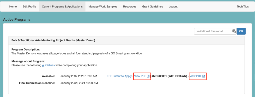 Screenshot of Applicant Portal > Current Programs & Applications page highlighting the View PDF links of a cycle