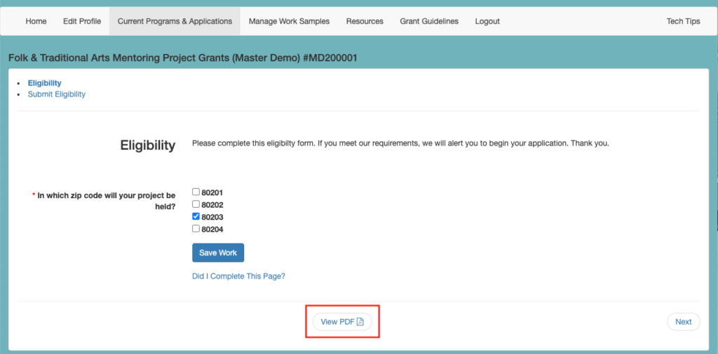 Applicant Portal > View PDF button in the Cycle Read-Write Form