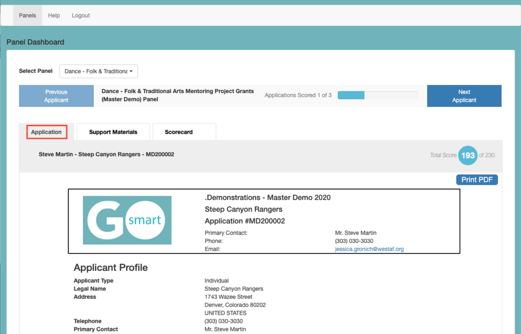 Panelist Portal > Application Tab