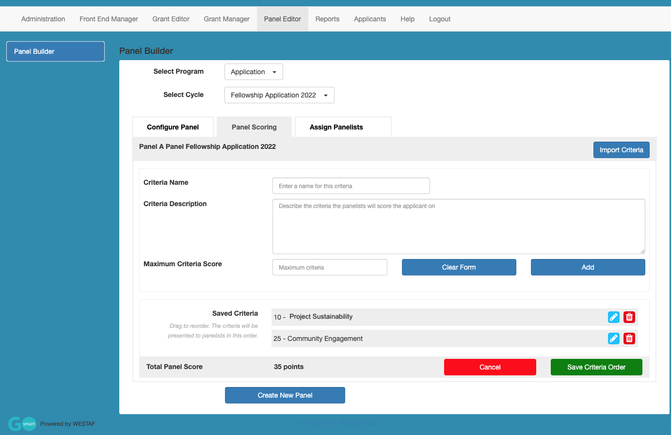 Screenshot of the Panel Builder Panel Scoring Tab