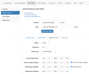 Screenshot of Program Cycles Editor (2021) showing the Applicant Access tab