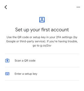 Screen on the authenticator app to scan the QR code or enter a key.