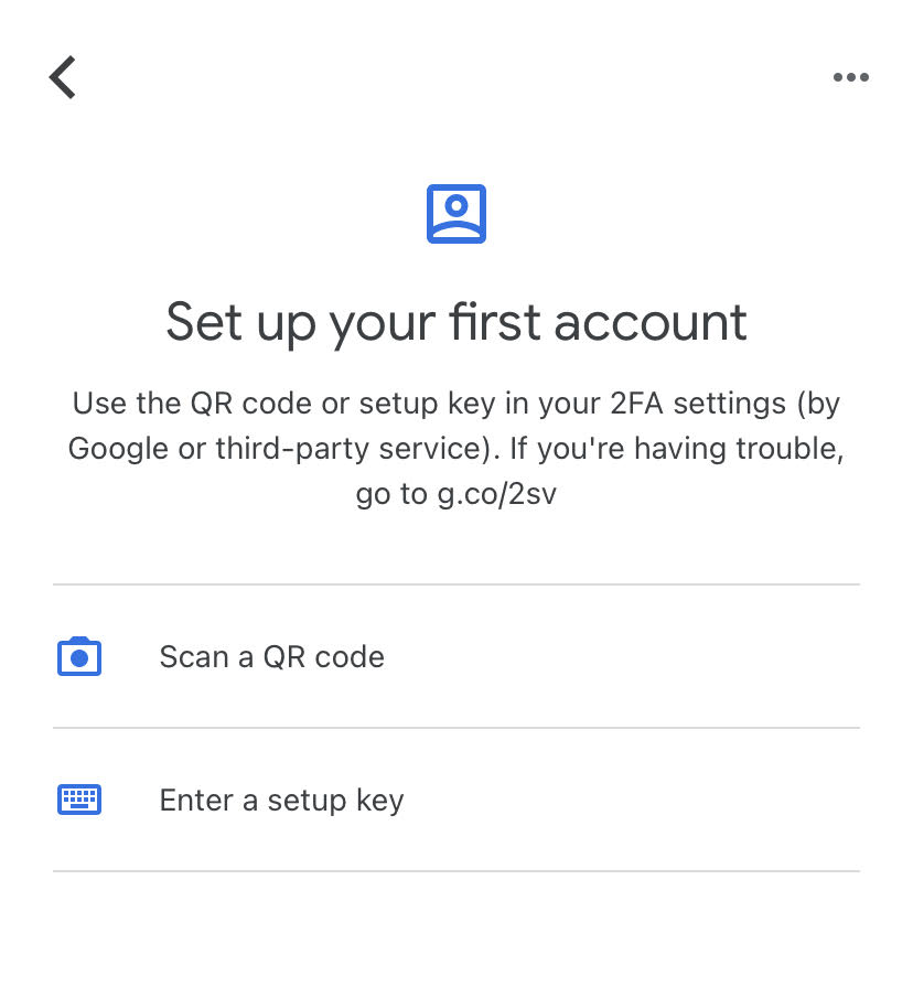 Screen on the authenticator app to scan the QR code or enter a key.