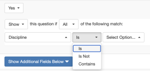 Screenshot of conditional logic editor with the action field displaying the three options.