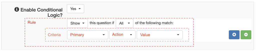 A screenshot of the conditional logic editor with each element defined.