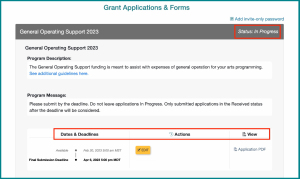 A screenshot of the applicant's Grant Applications & Forms dashboard