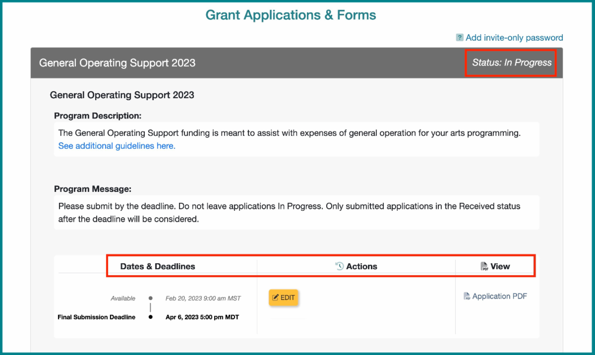 A screenshot of the applicant's Grant Applications & Forms dashboard