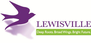 A purple and green Lewisville. Deep Roots. Broad Wings. Bright. Future. Logo