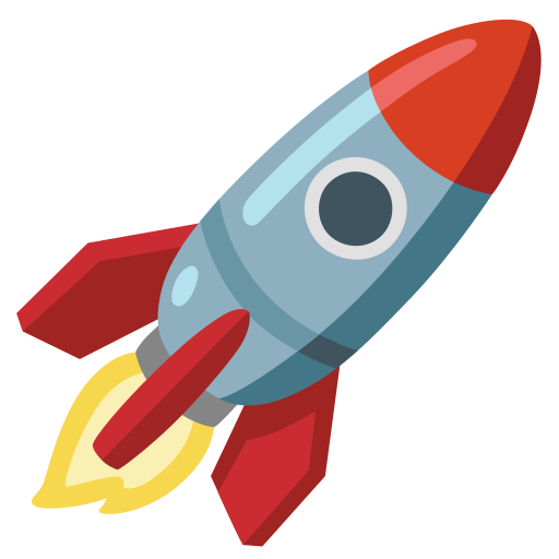 An illustrated, gray-and-red rocket ship emoji with a star on top and another in the background. The rocket is angled up and to the right, flying through a black sky with a yellow and orange flame shooting out from the bottom.